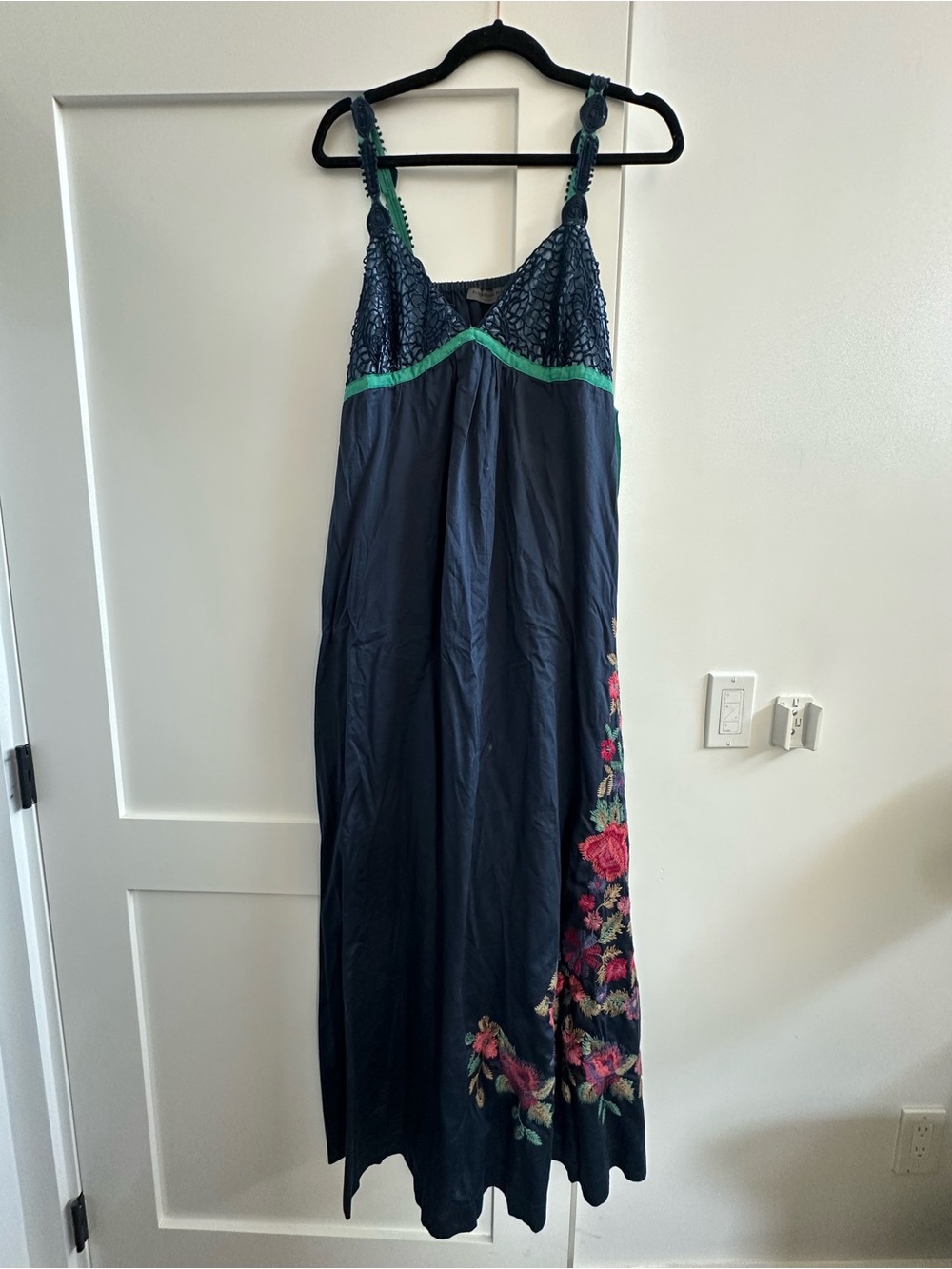 Navy Floral Embroidered Maxi Dress with Green Trim